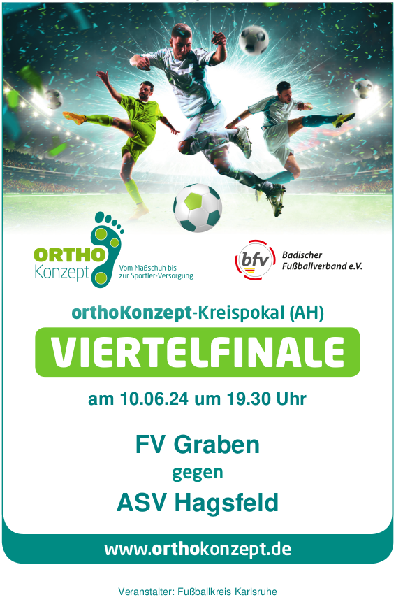 Das Viertelfinale des orthoKonzept AH-Kreispokal zwischen dem FV Graben und dem ASV Hagsfeld wird am 10.06.24 um 19.30 Uhr auf dem Sportgelände des FV Grabens ausgetragen.
