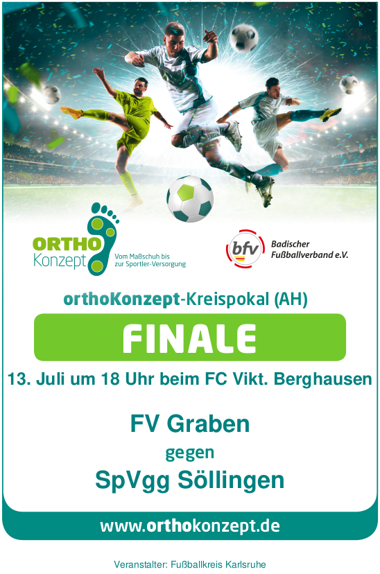 Das Finale des orthoKonzept AH-Kreispokal zwischen dem FV Graben und der SpVgg Söllingen wird am 12.07.24 um 18.00 Uhr auf dem Sportgelände des FC Vik. Berghausen ausgetragen.